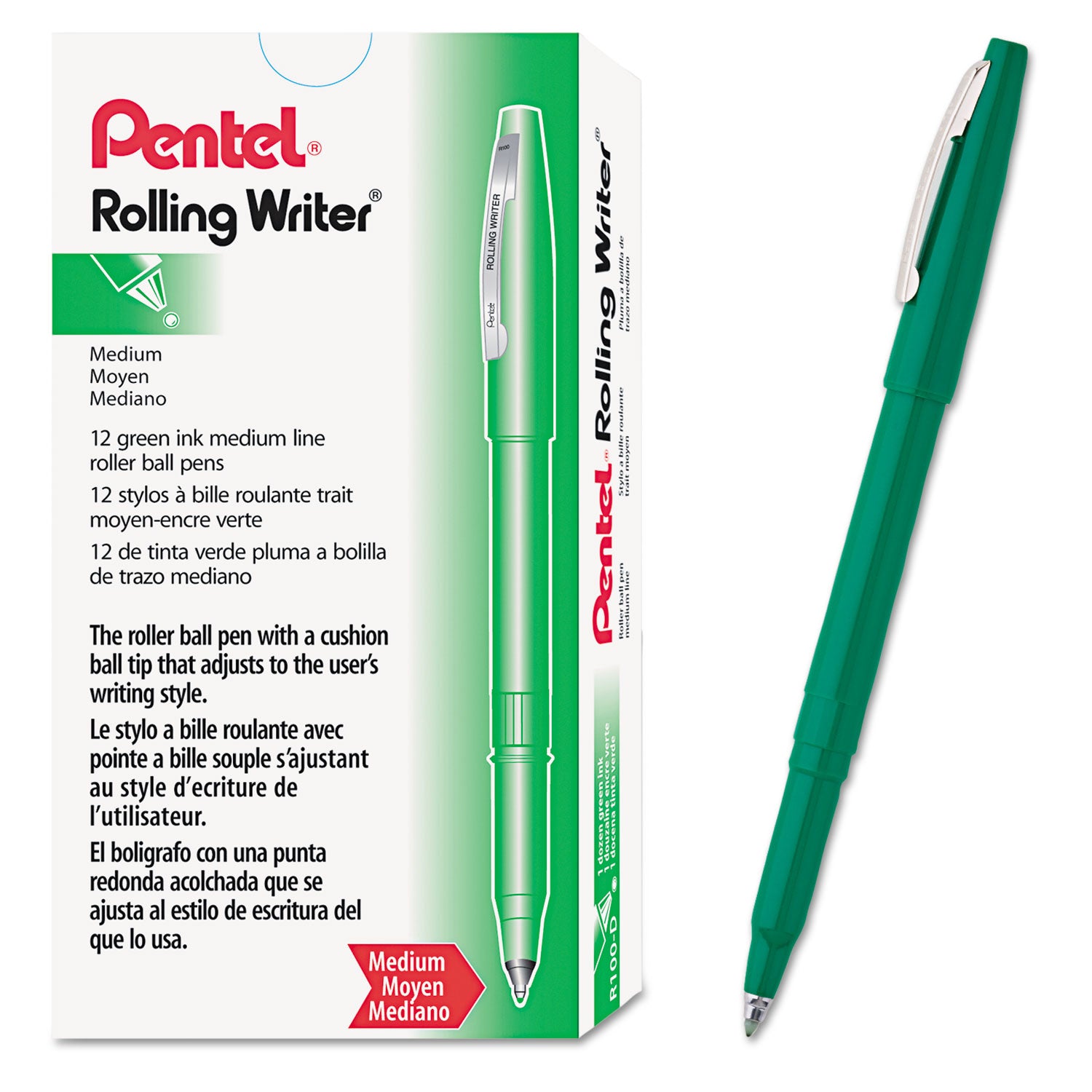 Pentel Rolling Writer Pens - 0.8 mm Medium Pen Point - Green Ink - Green Plastic Barrel - 1 Dozen