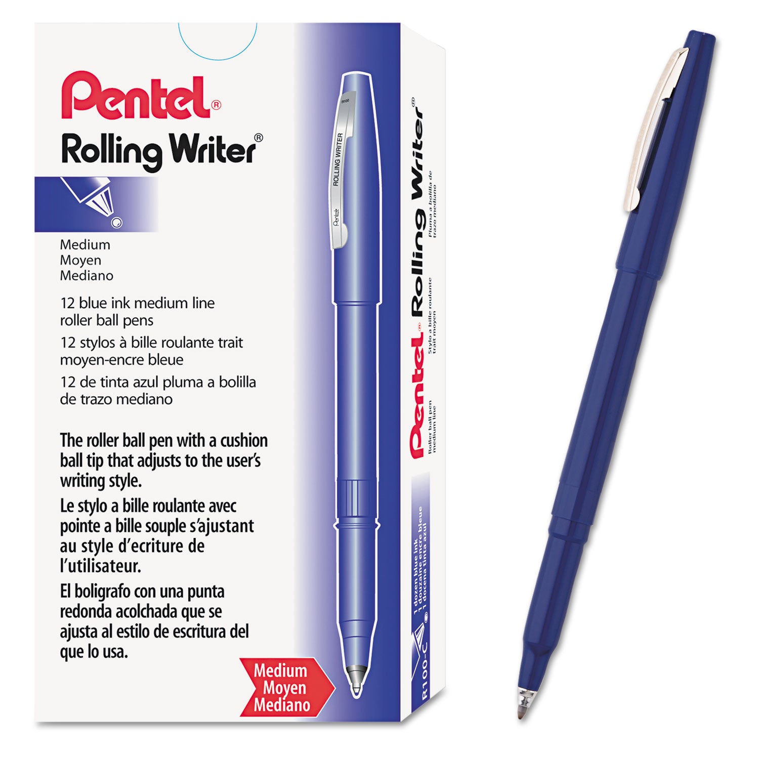 Pentel Rolling Writer Pens - 0.8 mm Medium Pen Point - Blue Ink - Blue Plastic Barrel - 1 Dozen
