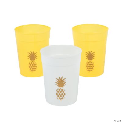 White & Gold Pineapple Plastic Glasses - 12 Pieces