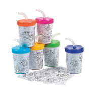 Color Your Own Cups W/ Lids and Straws - Craft Kits - 12 Pieces