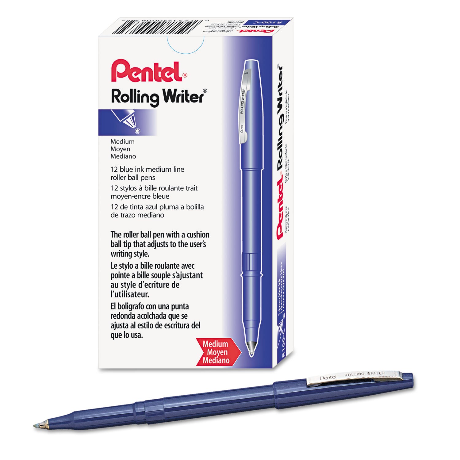 Pentel Rolling Writer Pens - 0.8 mm Medium Pen Point - Blue Ink - Blue Plastic Barrel - 1 Dozen