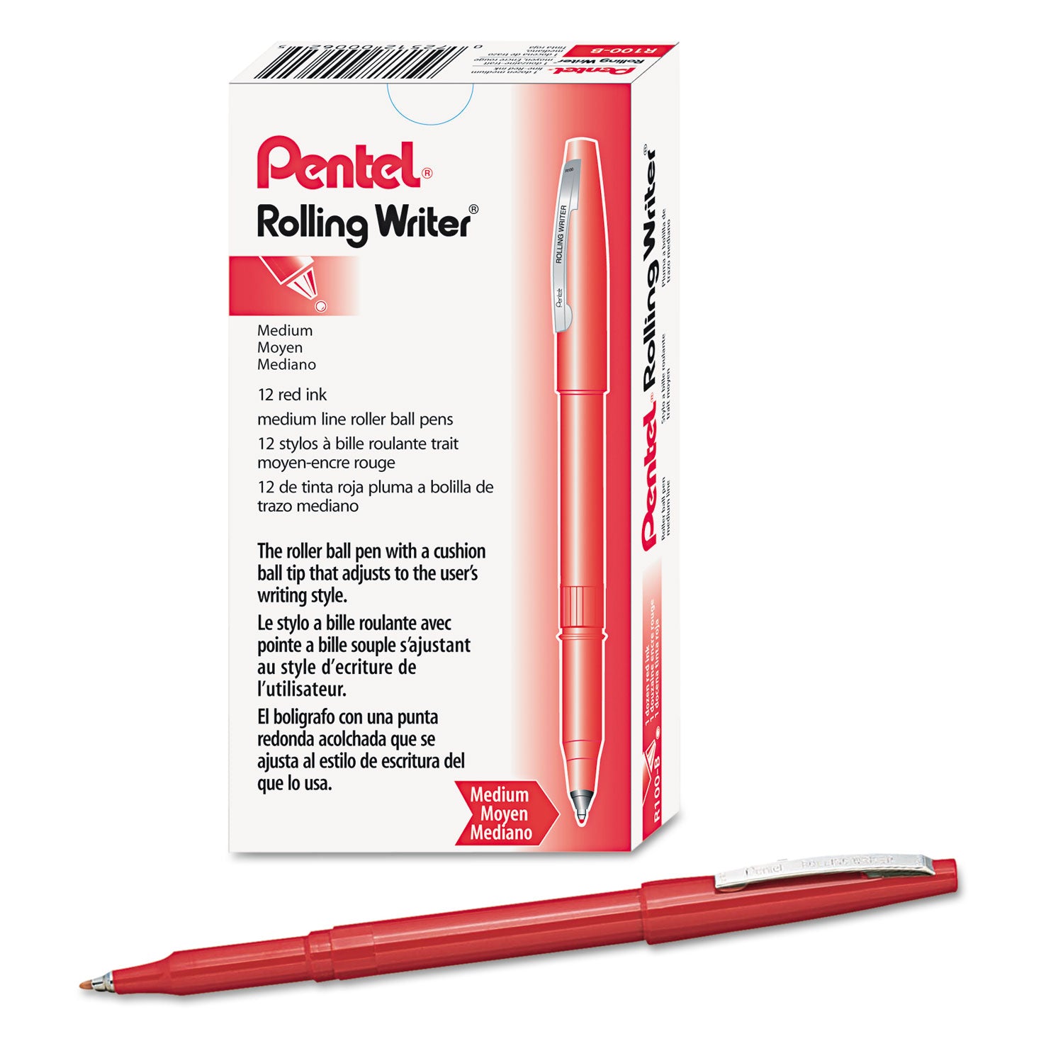 Pentel Rolling Writer Pens - 0.8 mm Medium Pen Point - Red Ink - Red Plastic Barrel - 1 Dozen