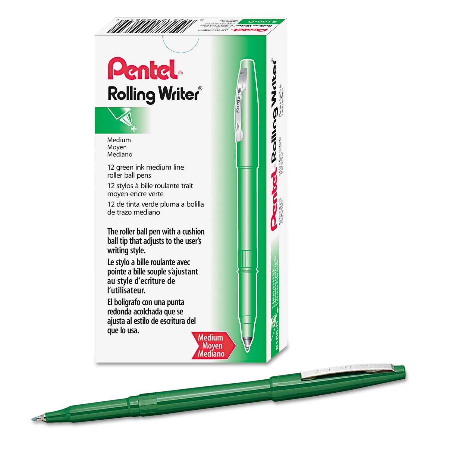 Pentel Rolling Writer Pens - 0.8 mm Medium Pen Point - Green Ink - Green Plastic Barrel - 1 Dozen