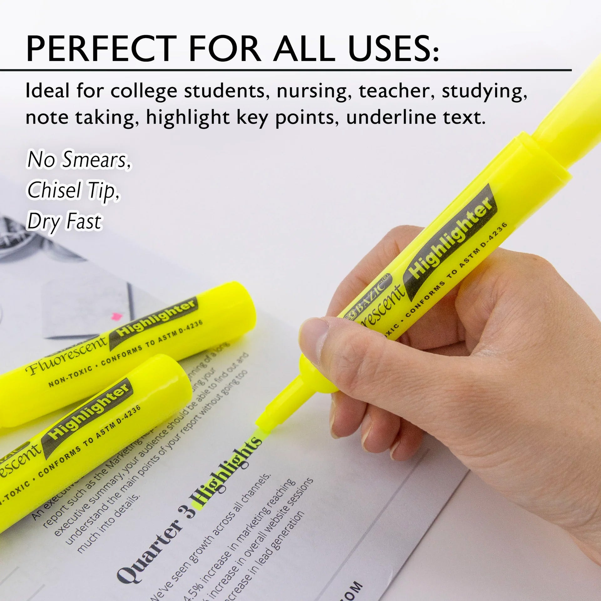 Desk Style Fluorescent Highlighters, Yellow, Pack of 4