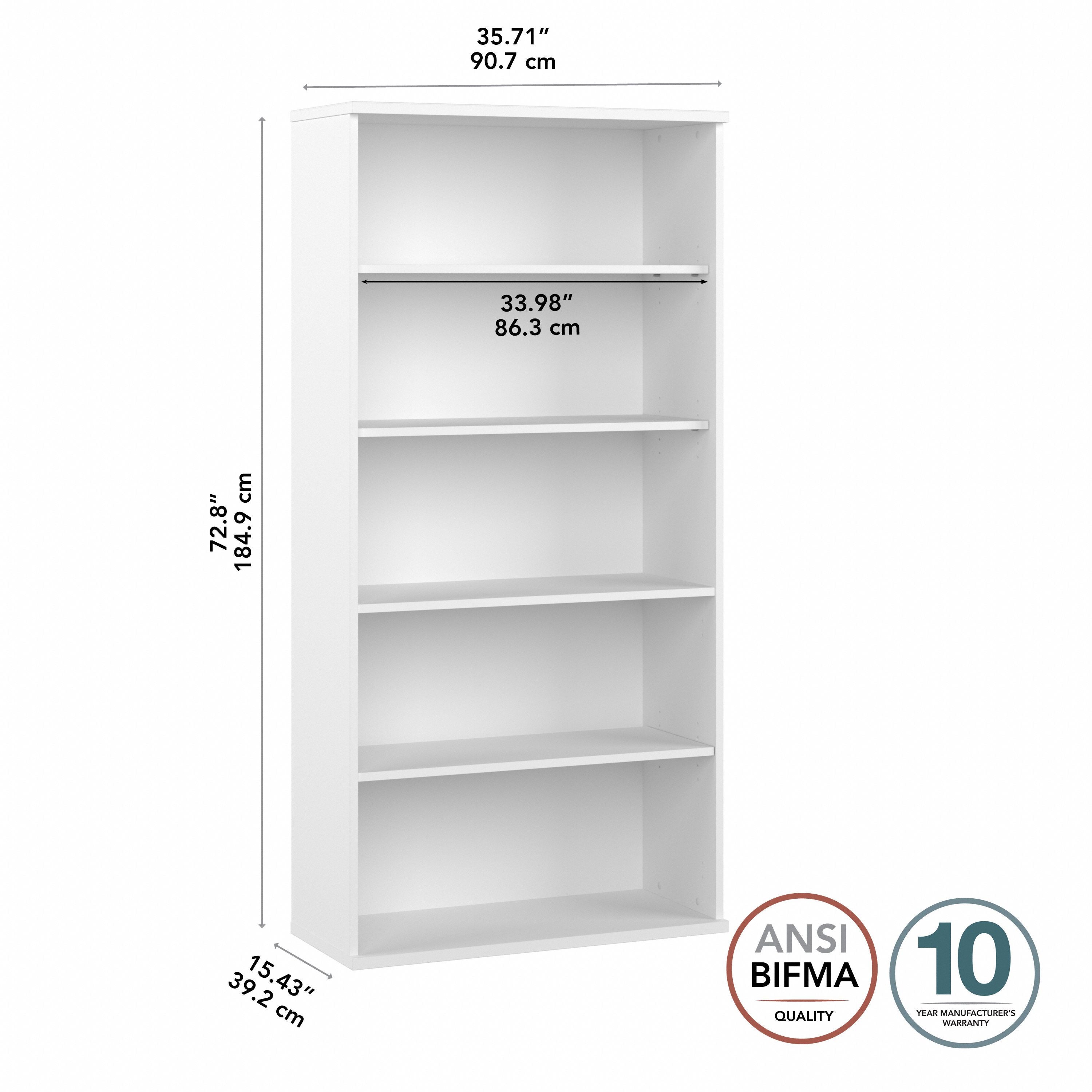 Bush Business Furniture Studio C 5 Shelf Bookcase in White - 35.71" Width x 15.43" Depth x 72.8" Height