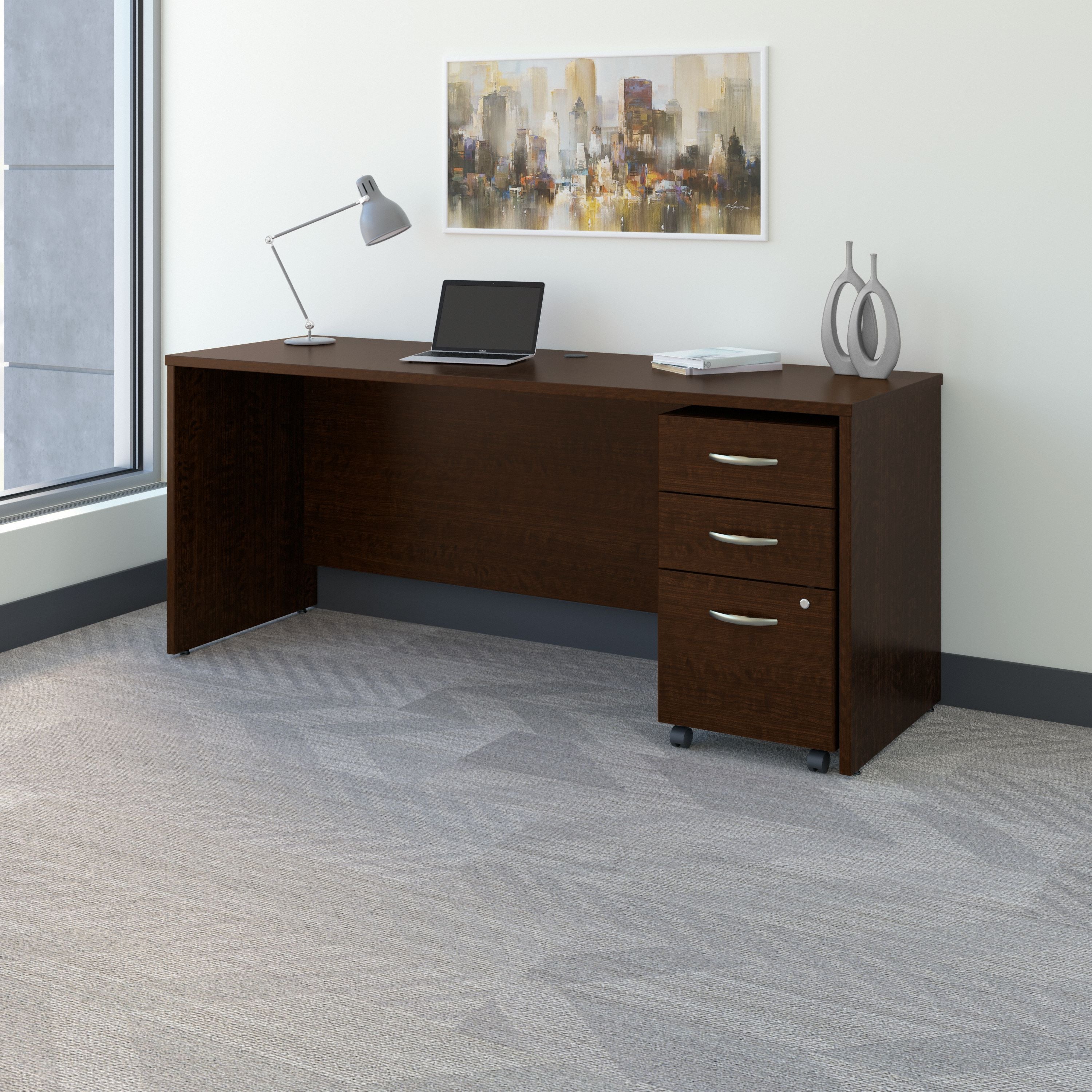 Bush Business Furniture Series C 72W x 24D Office Desk with Mobile File Cabinet in Mocha Cherry - 71.02" Width x 23.35" Depth x 29.8" Height