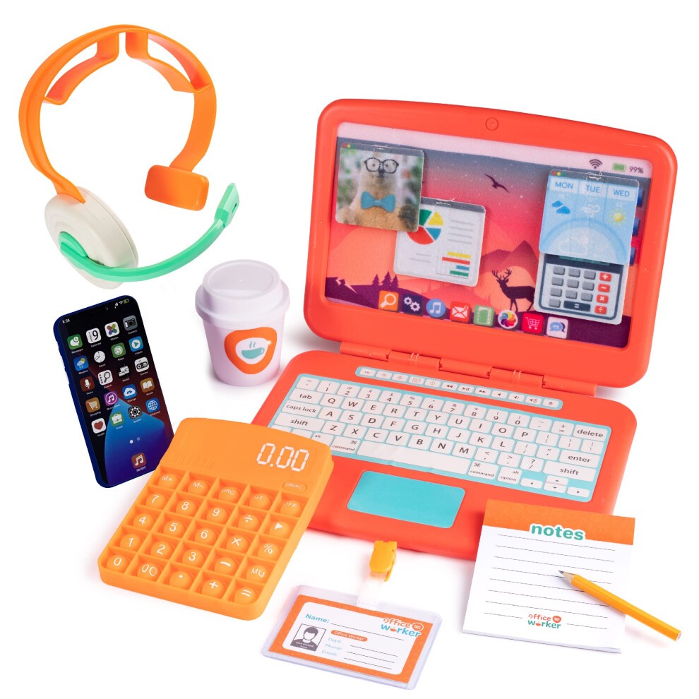 Born Toys Pretend Play Home Office Set for Ages 37  Includes Toy Laptop  Phone  Calculator  Pop It & Headset
