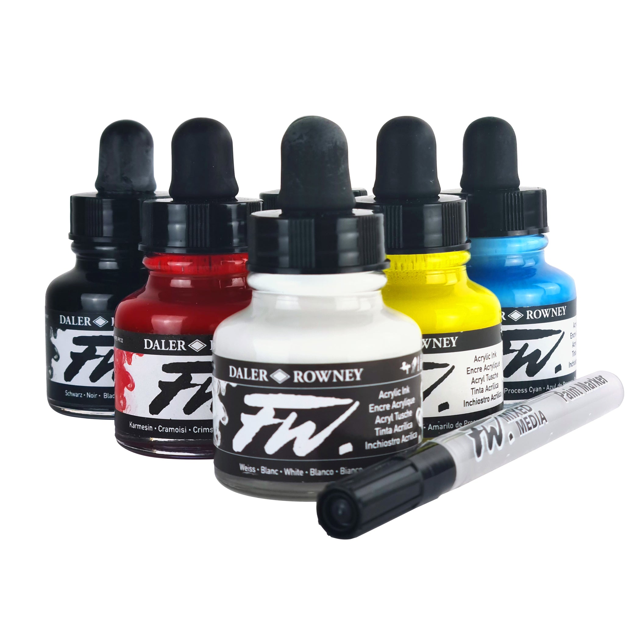 FW Acrylic Ink Primary Set with Empty Marker, Assorted Colors, 29.5ml, 6 Pieces