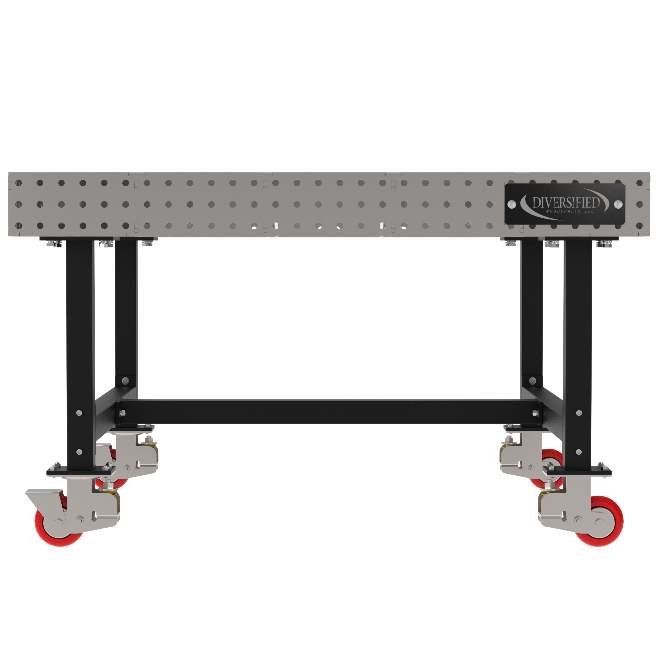 Welding Fixture Table, Fixed Height, 36"H x 60"L x 60"D, 1/4" Carbon Steel Top, Four Black Powdercoat Legs, 4 Heavy Duty Suspension Casters (2 Locking/Swiveling Casters and 2 Non-Locking/Non-SwivelingCasters)