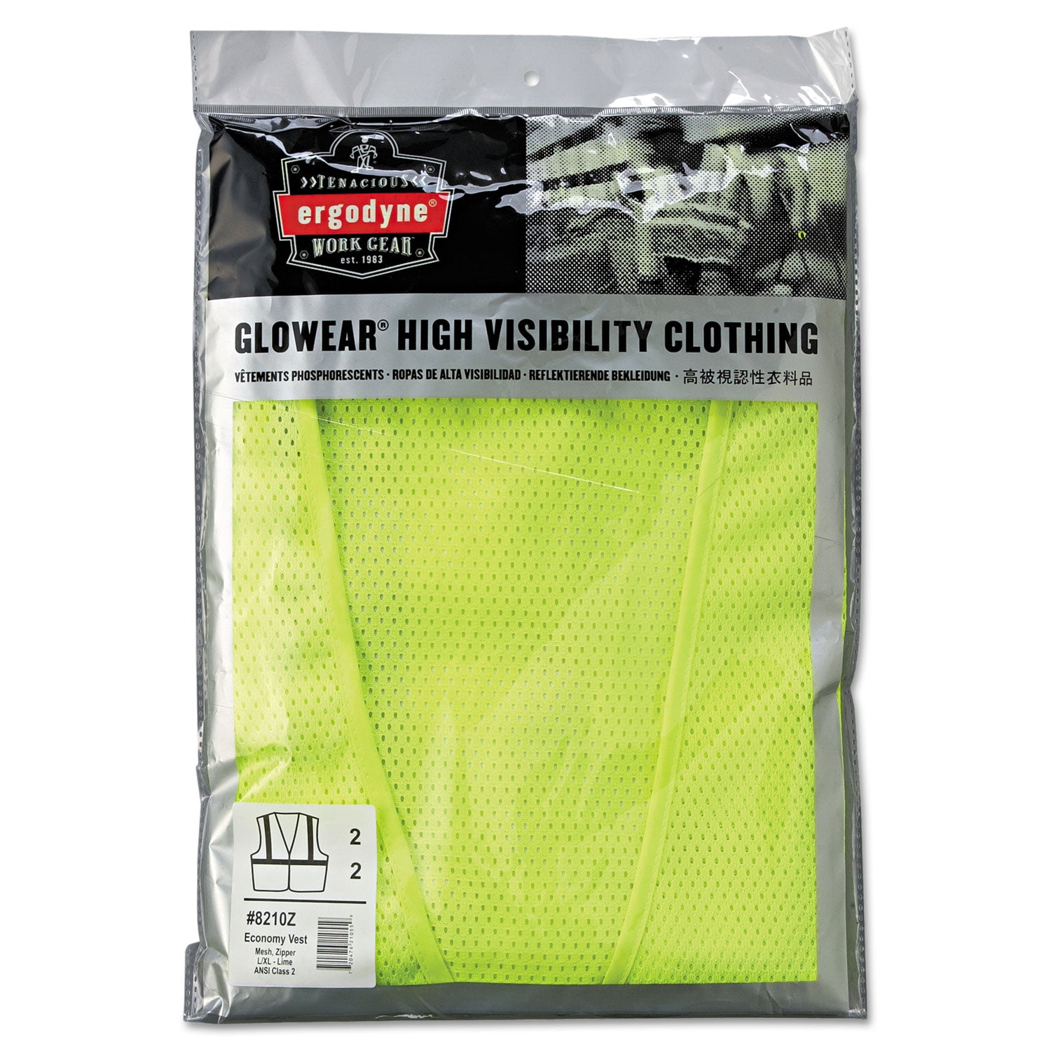 Ergodyne 8210Z Type R Economy Mesh Safety Vest, Large/Extra Large, Lime, Zipper Closure, Reflective, Pocket, Breathable, Lightweight, High Visibility, Machine Washable, Mic Tab, 1 Each