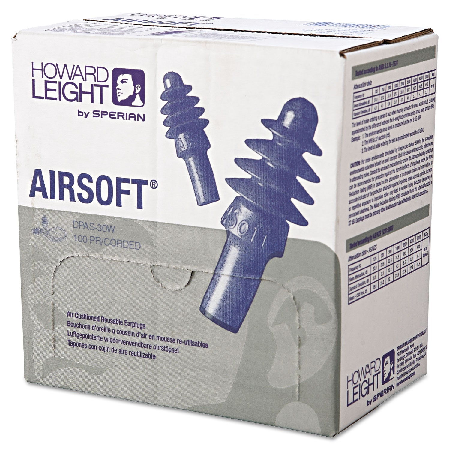 Dpas-30w Airsoft Multiple-Use Earplugs, 27nrr, White Nylon Cord, Be, 100 Pairs