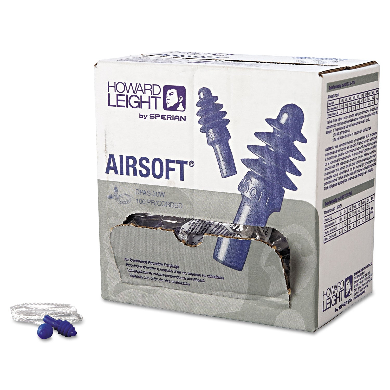 Dpas-30w Airsoft Multiple-Use Earplugs, 27nrr, White Nylon Cord, Be, 100 Pairs