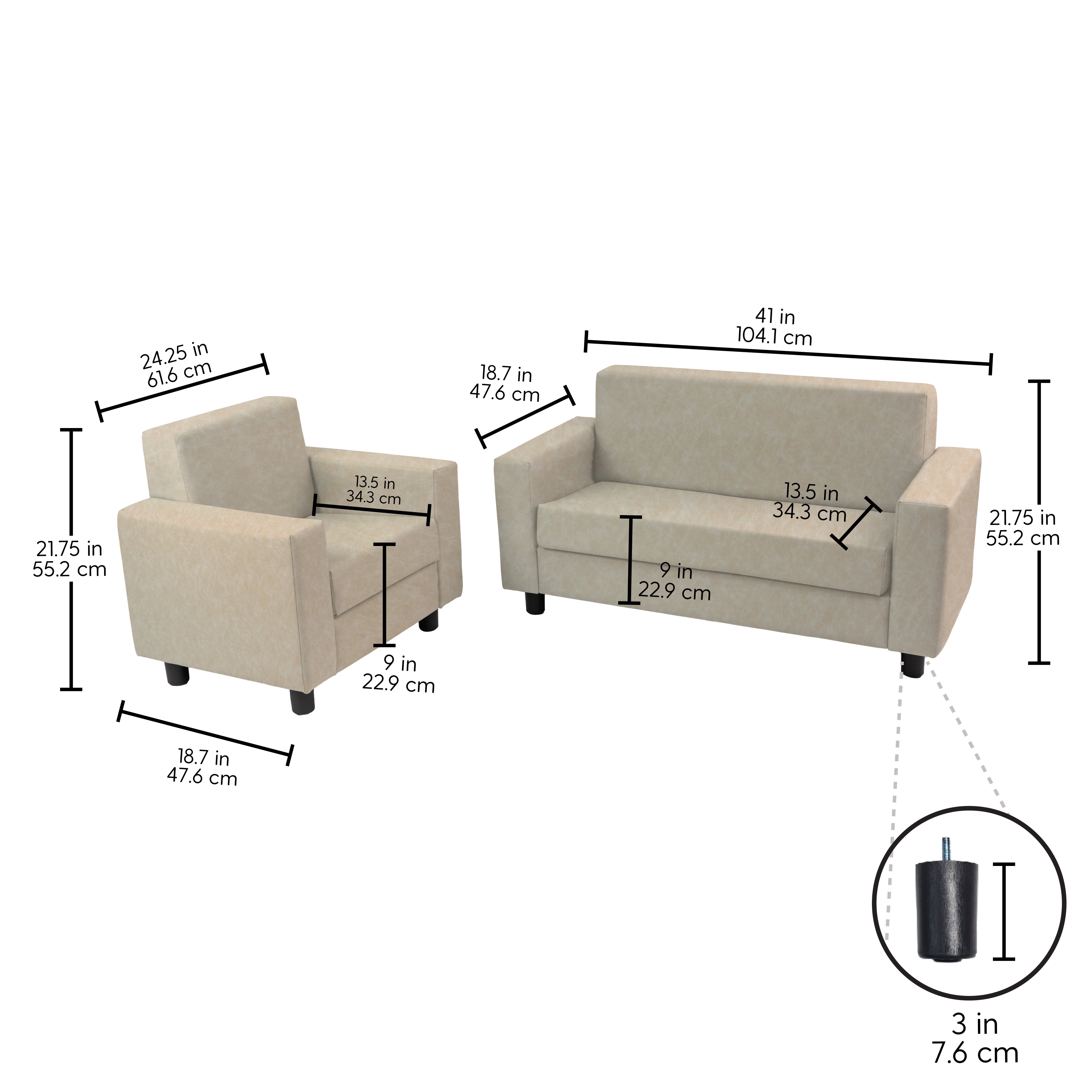 KD Back Chair Sofa Set 12in H / Almond
