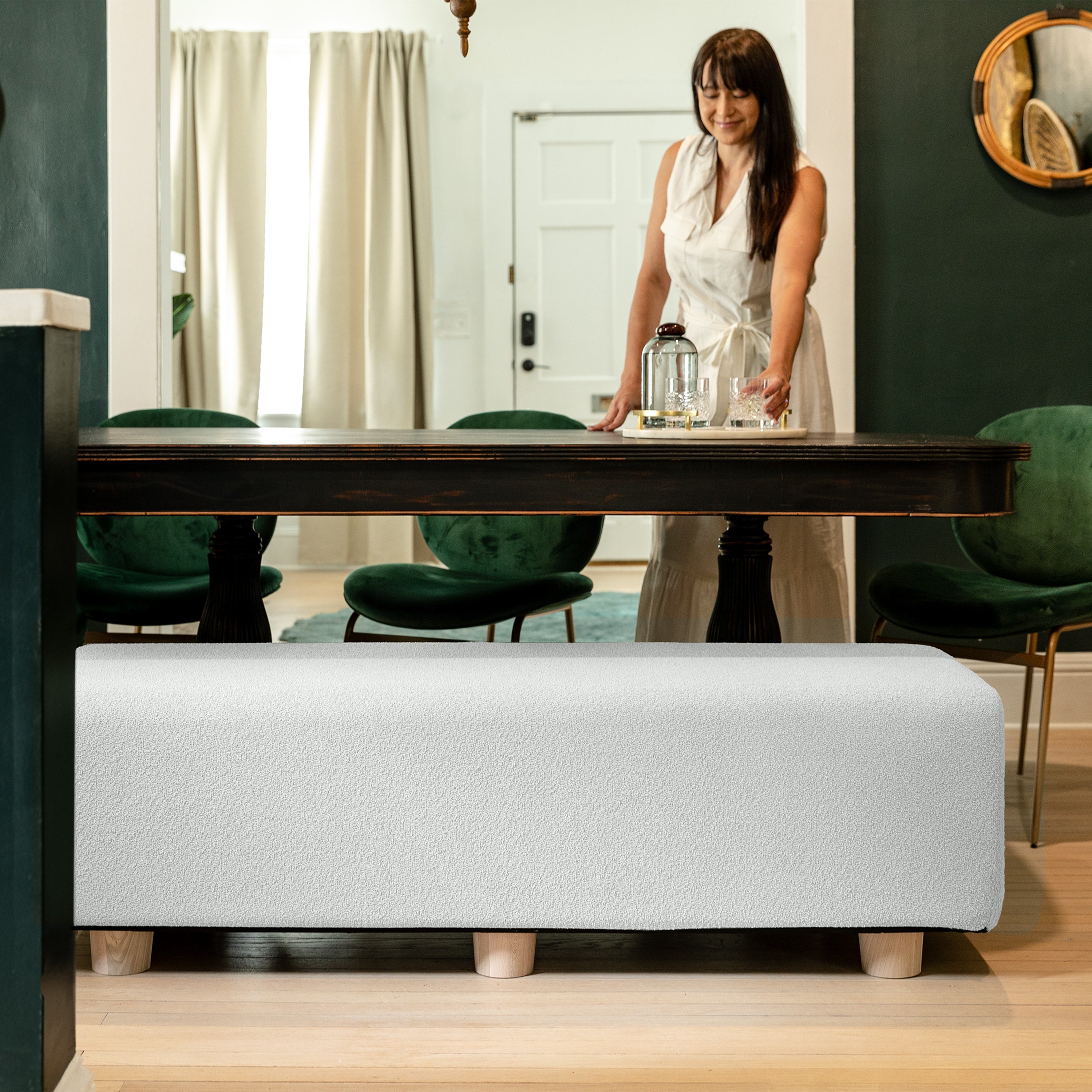 Jaxx Caya 4-in-1 Large Bed Bench, Giant Ottoman, Dining Bench, and Yoga and Massage Platform, King, Boucle White