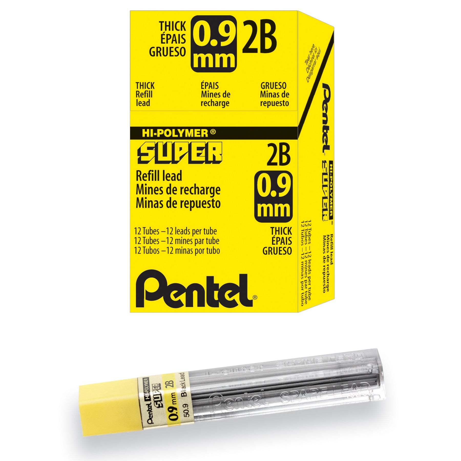 Super Hi-Polymer Lead Refill (0.9mm) Thick, 2B, 15 Pieces/Tube, 12 Tubes/Box