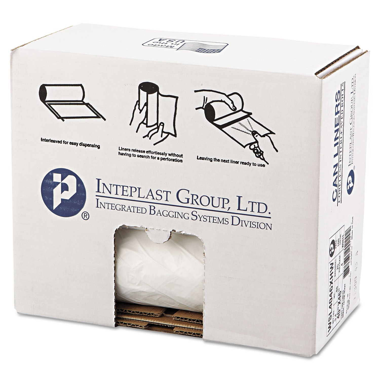 Low-Density Commercial Can Liners, 45 gal, 0.8 mil, 40" x 46", White, Interleaved Roll, 25 Bags/Roll, 4 Rolls/Carton