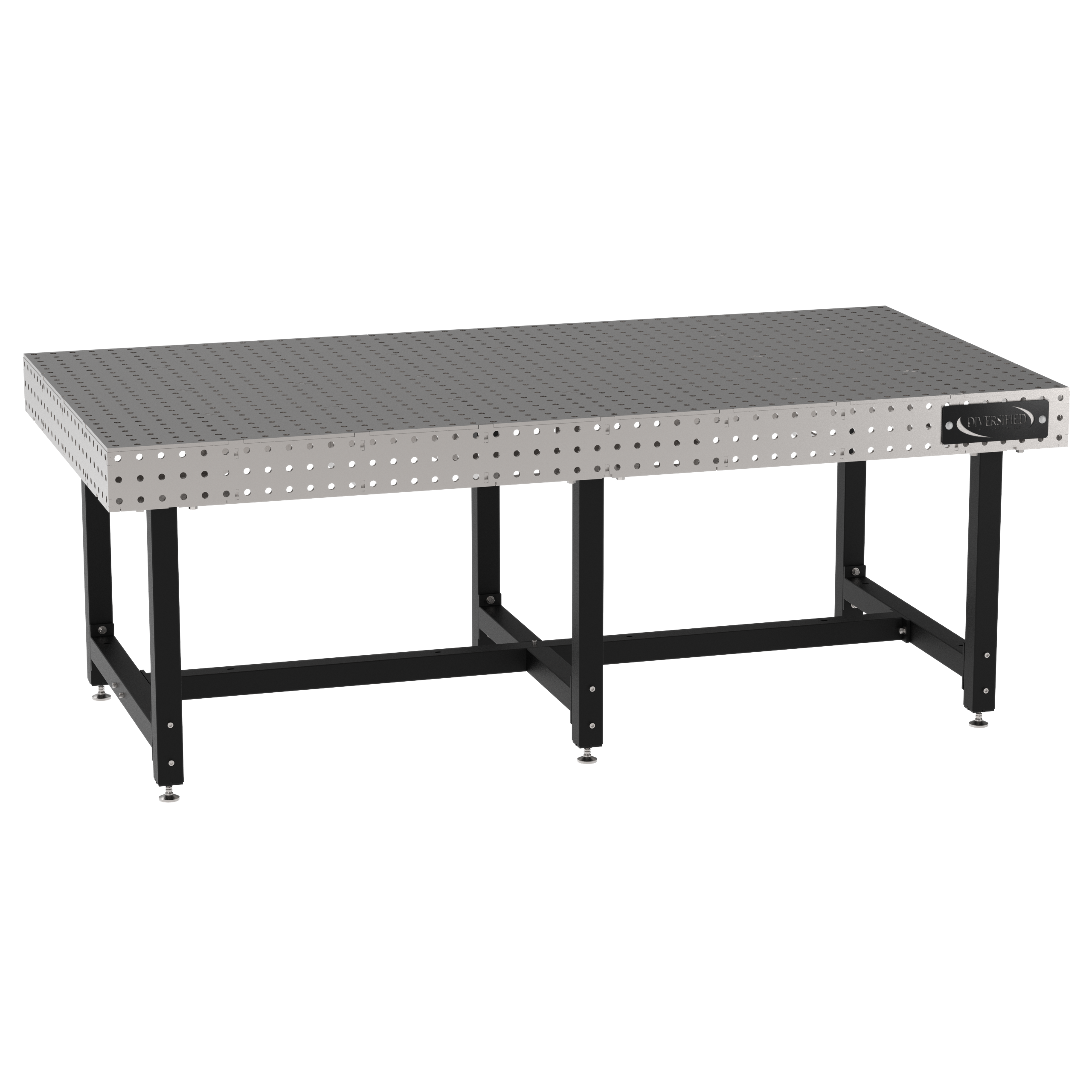 Welding Fixture Table, Fixed Height, 36"H x 96"L x 48"D, 1/4" Carbon Steel Top, Six Black Powdercoat Legs, Self-Leveling Feet