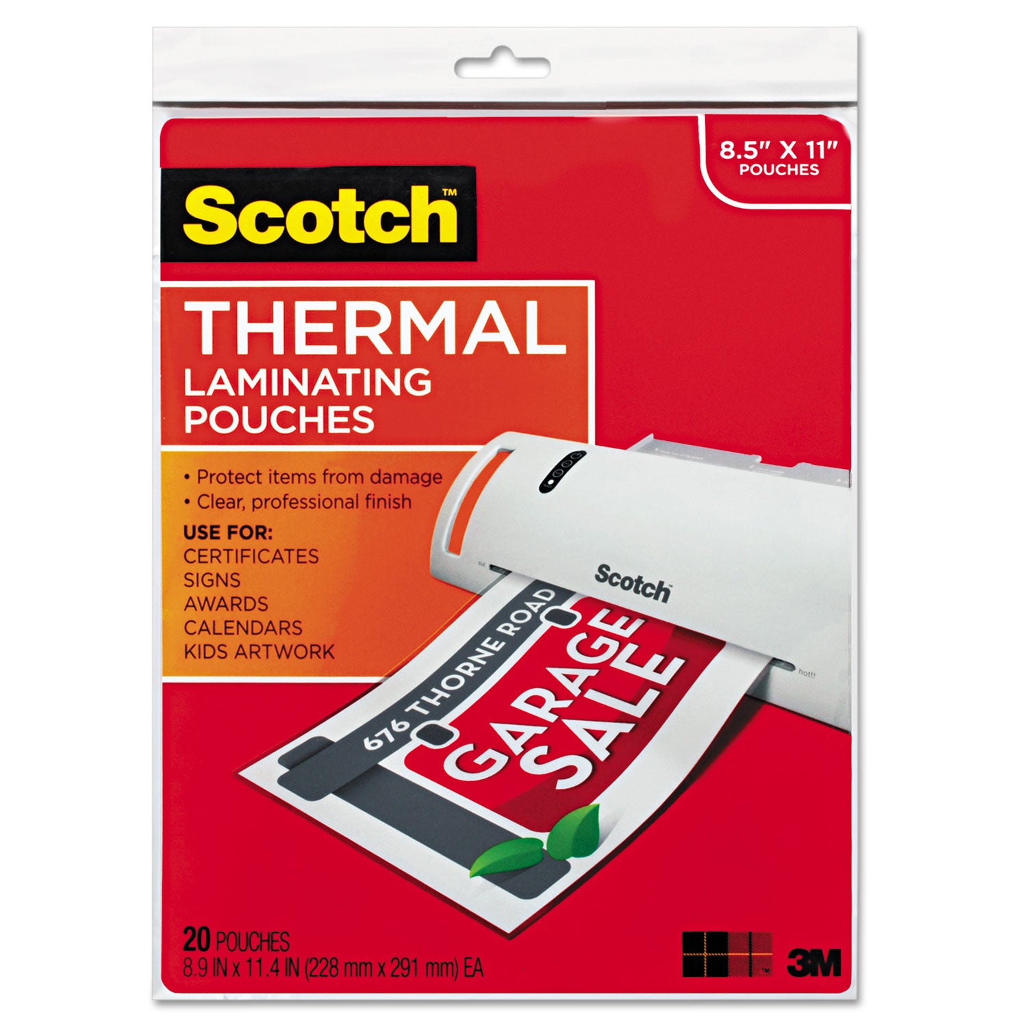 Scotch Thermal Laminating Pouches, Letter Size, 9" x 11.5", 3 mil, Glossy, Photo-Safe, Double Sided, Clear, 20 Pack