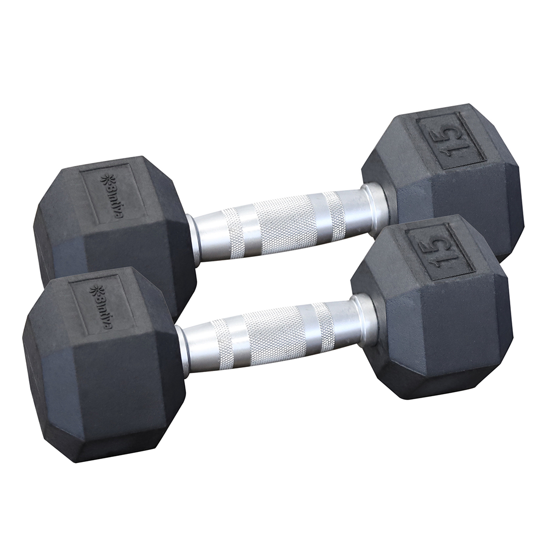 Rubber Coated Hexagon Dumbbells - Set of 2 -15lb