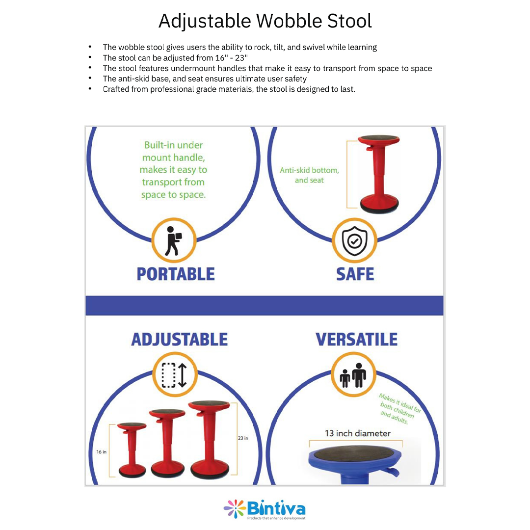 Bintiva Adjustable Wobble Stool - Black - 12.5"L x 12.5"W x 17"H