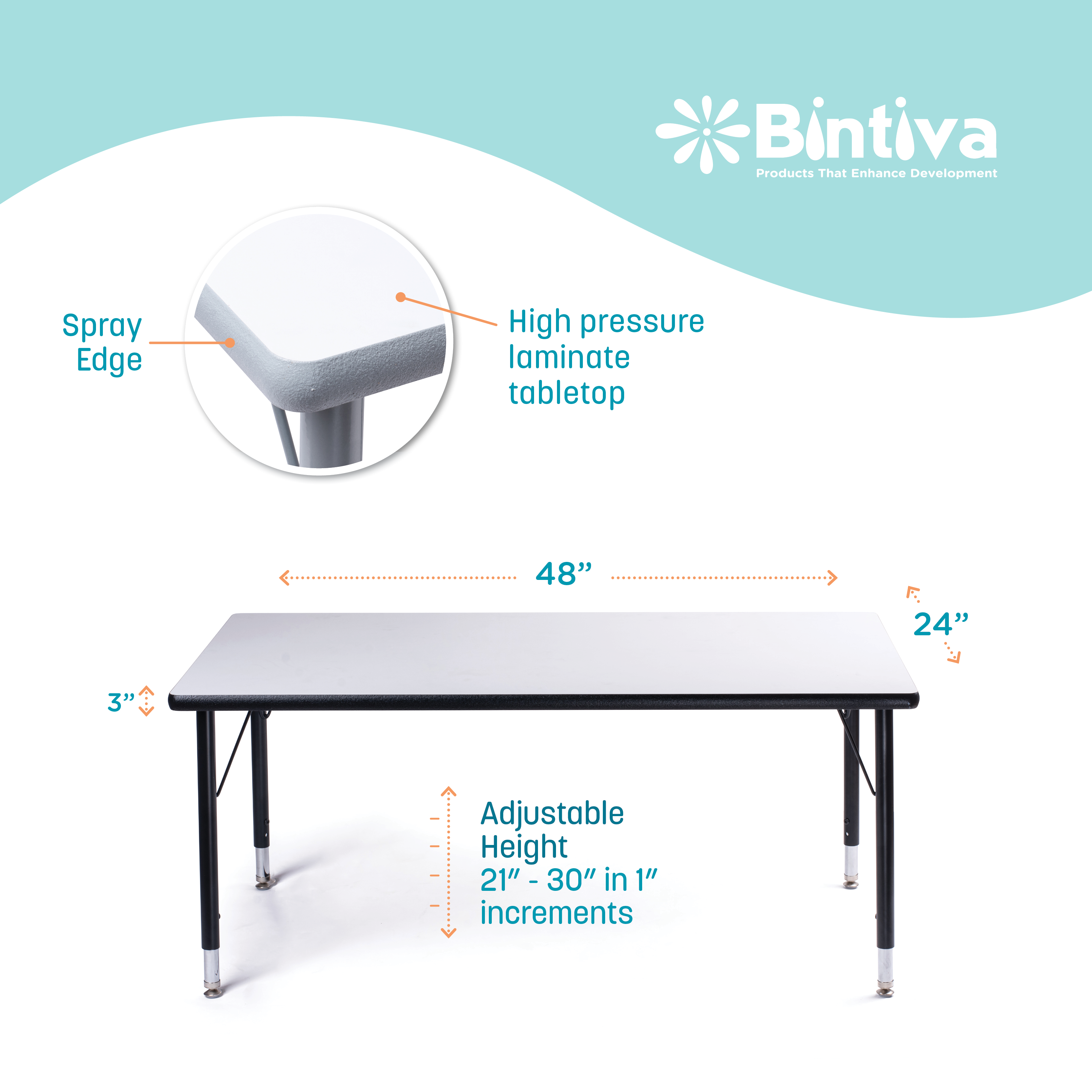 Activity Table 24 x 48 (60x120cm) Black Edge - Black Legs Adjusts 15 - 24