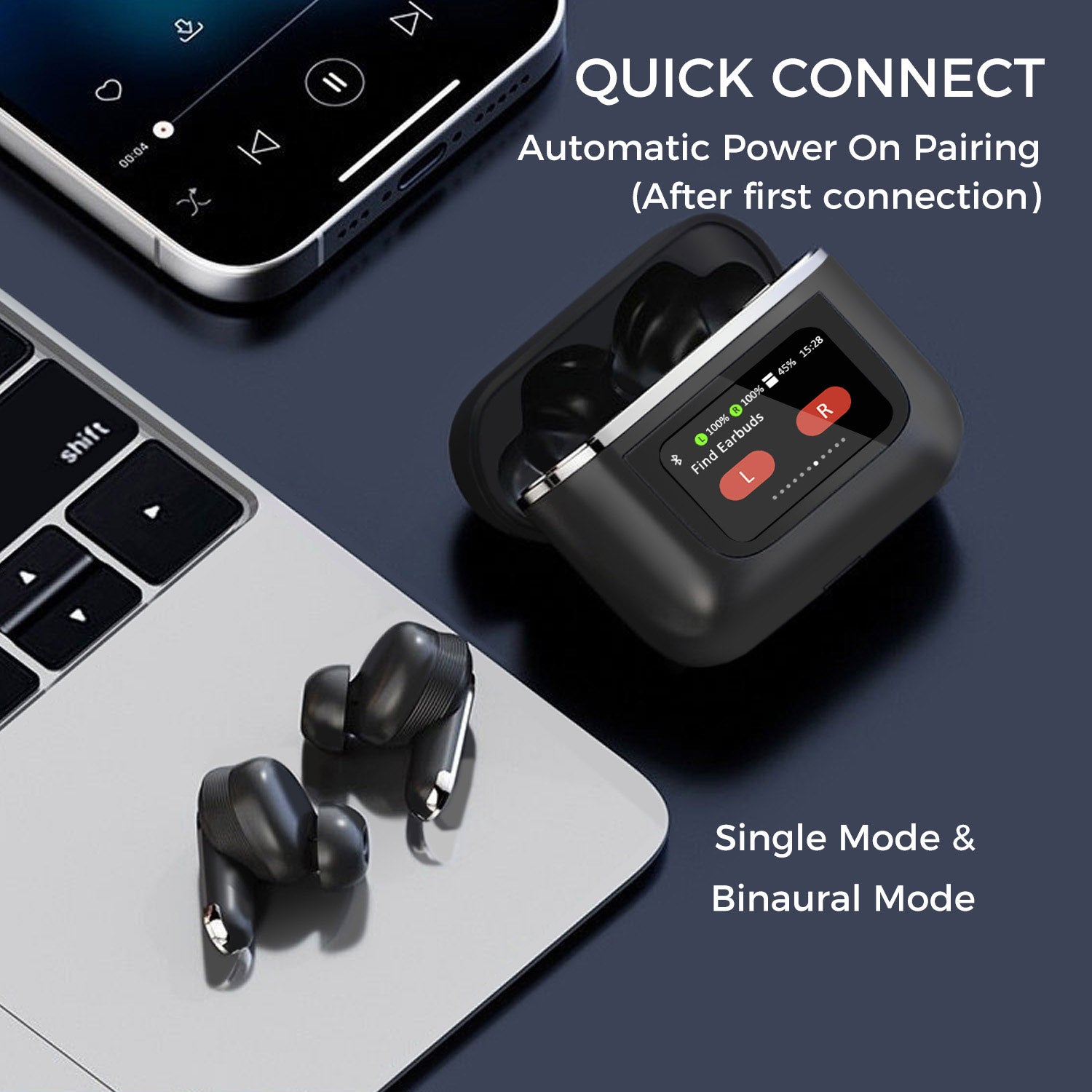 Wireless Earbuds with LCD Full-Color Touch Screen
