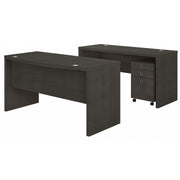 Bush Business Furniture Echo Bow Front Desk and Credenza with Mobile File Cabinet in Charcoal Maple - 60" Width x 87.26" Depth x 30" Height
