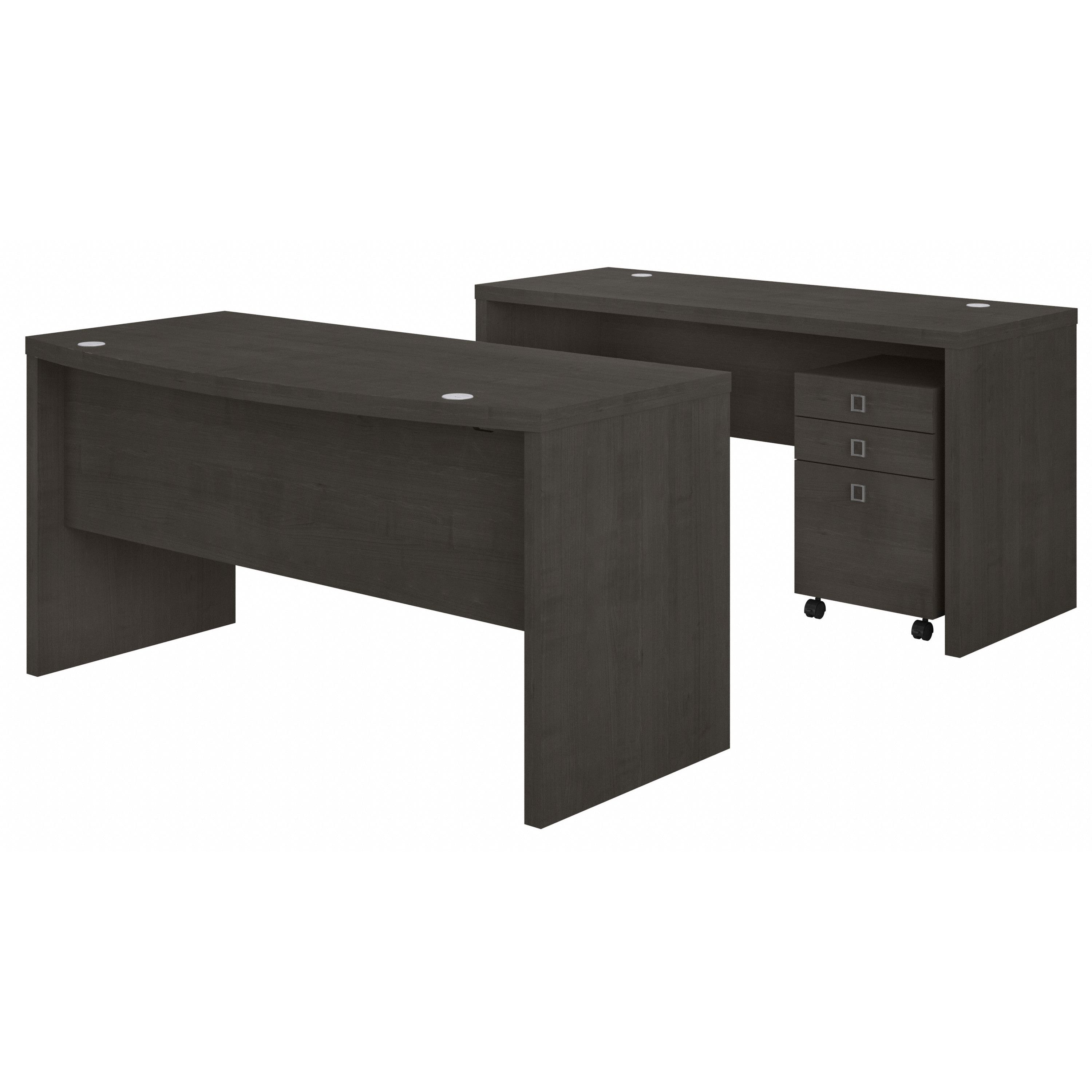 Bush Business Furniture Echo Bow Front Desk and Credenza with Mobile File Cabinet in Charcoal Maple - 60" Width x 87.26" Depth x 30" Height