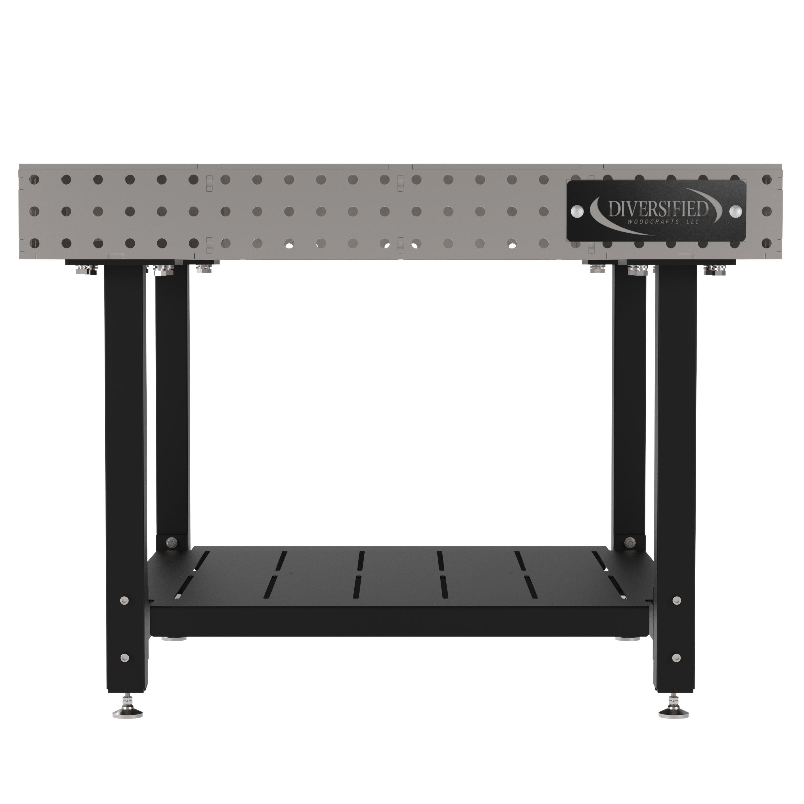Welding Fixture Table, Fixed Height, 36"H x 48"L x 48"D, 1/4" Carbon Steel Top, Four Black Powdercoat Legs, Shelf, Self-Leveling Feet