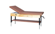 wooden treatment table - manual hi-low, shelf, drawer, upholstered, 78" L x 30" W x 25" - 33" H, 2-section - Specify Color