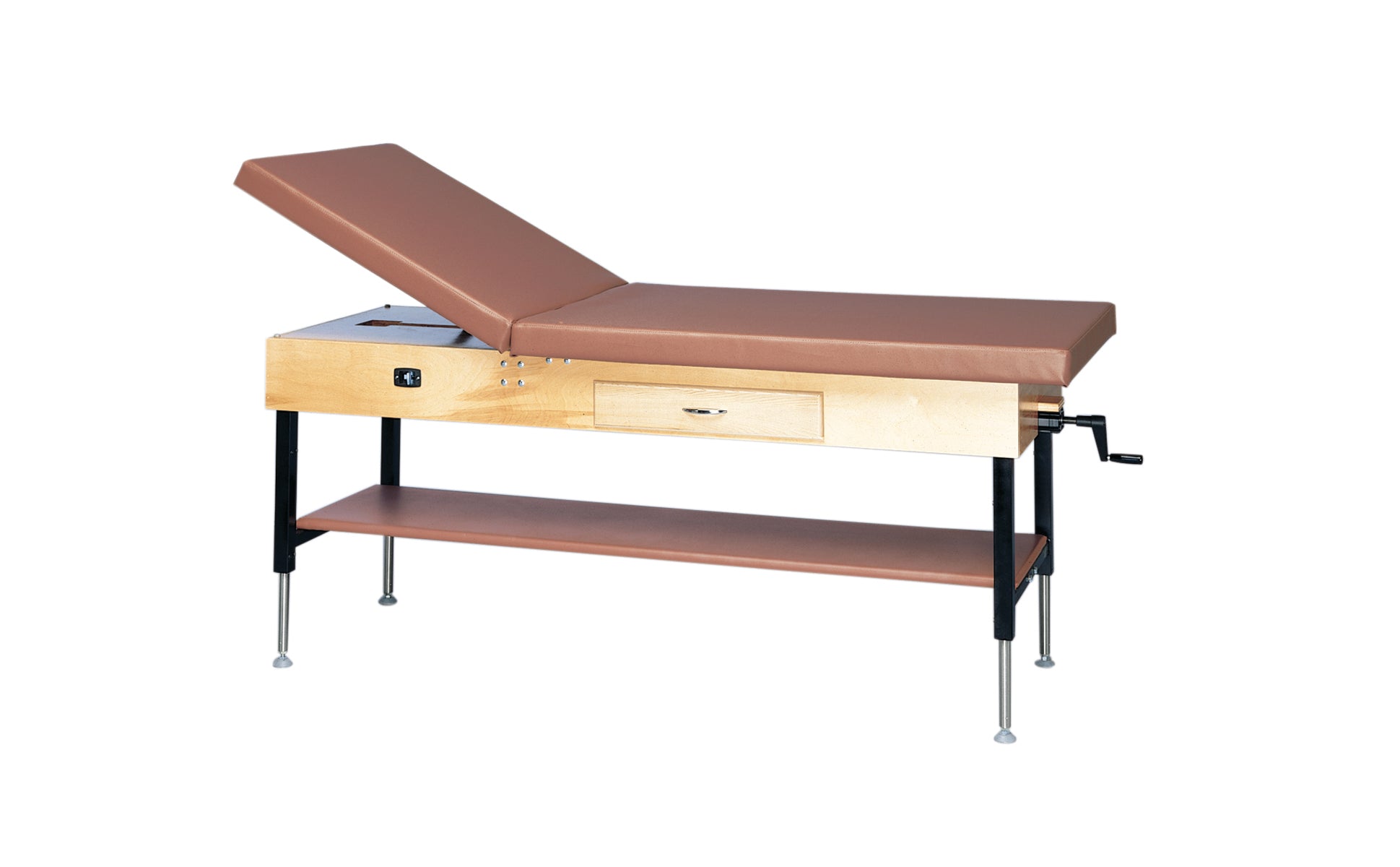 wooden treatment table - manual hi-low, shelf, drawer, upholstered, 78" L x 30" W x 25" - 33" H, 2-section - Specify Color