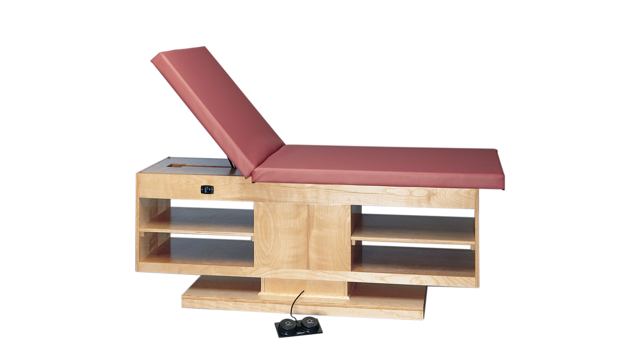 wooden treatment table - electric hi-low, shelves, upholstered, 78" L x 30" W x 27" - 39" H, 2-section - Specify Color