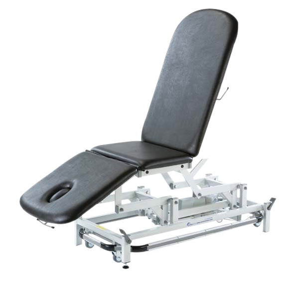 treatment table - electric hi-low, with foot bar, 78" L x 28"W x 18" - 39" H, 3-section, castors - Specify Color