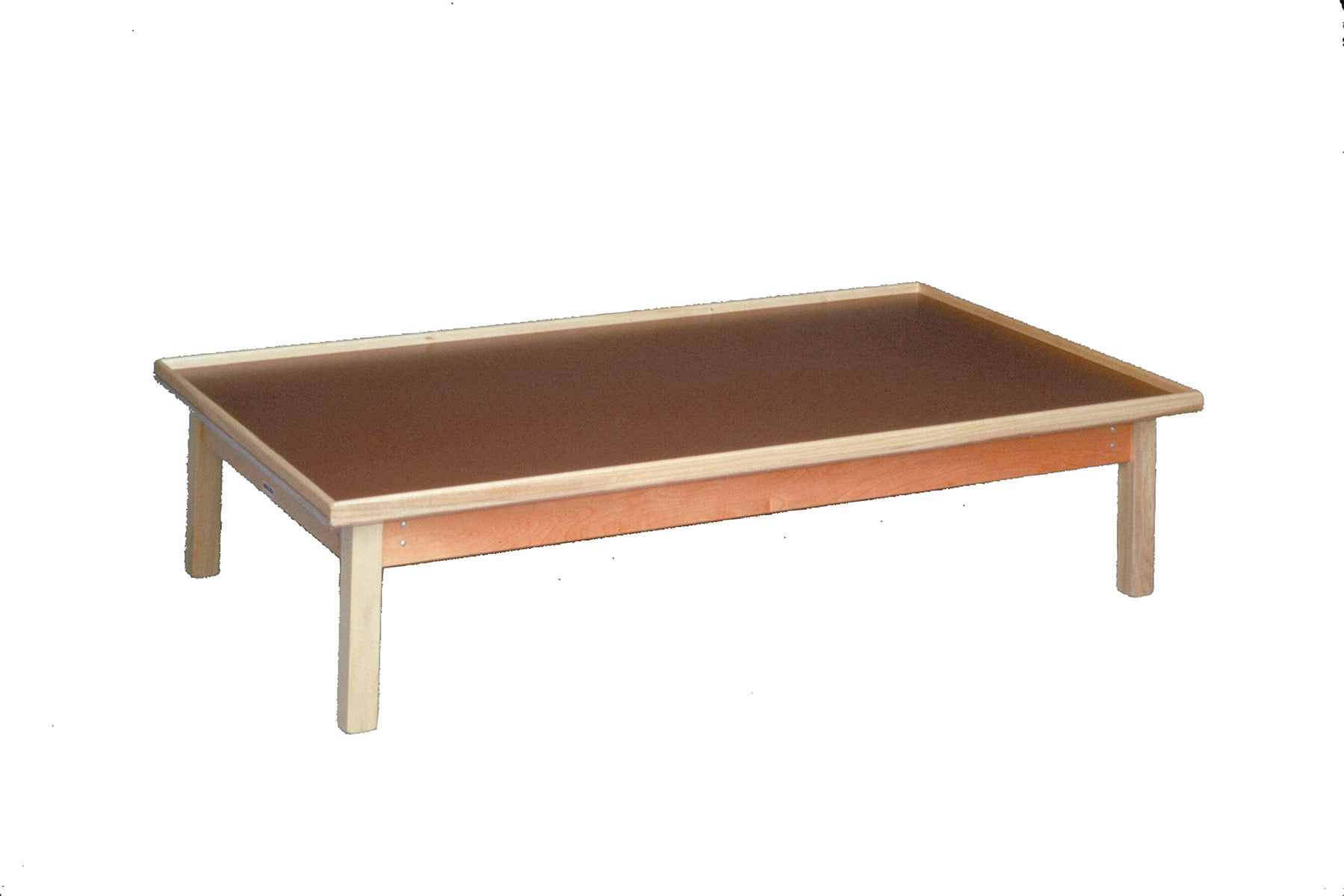 wooden platform table - fixed height, raised-rim, 7' x 4' x 19" - Specify Color