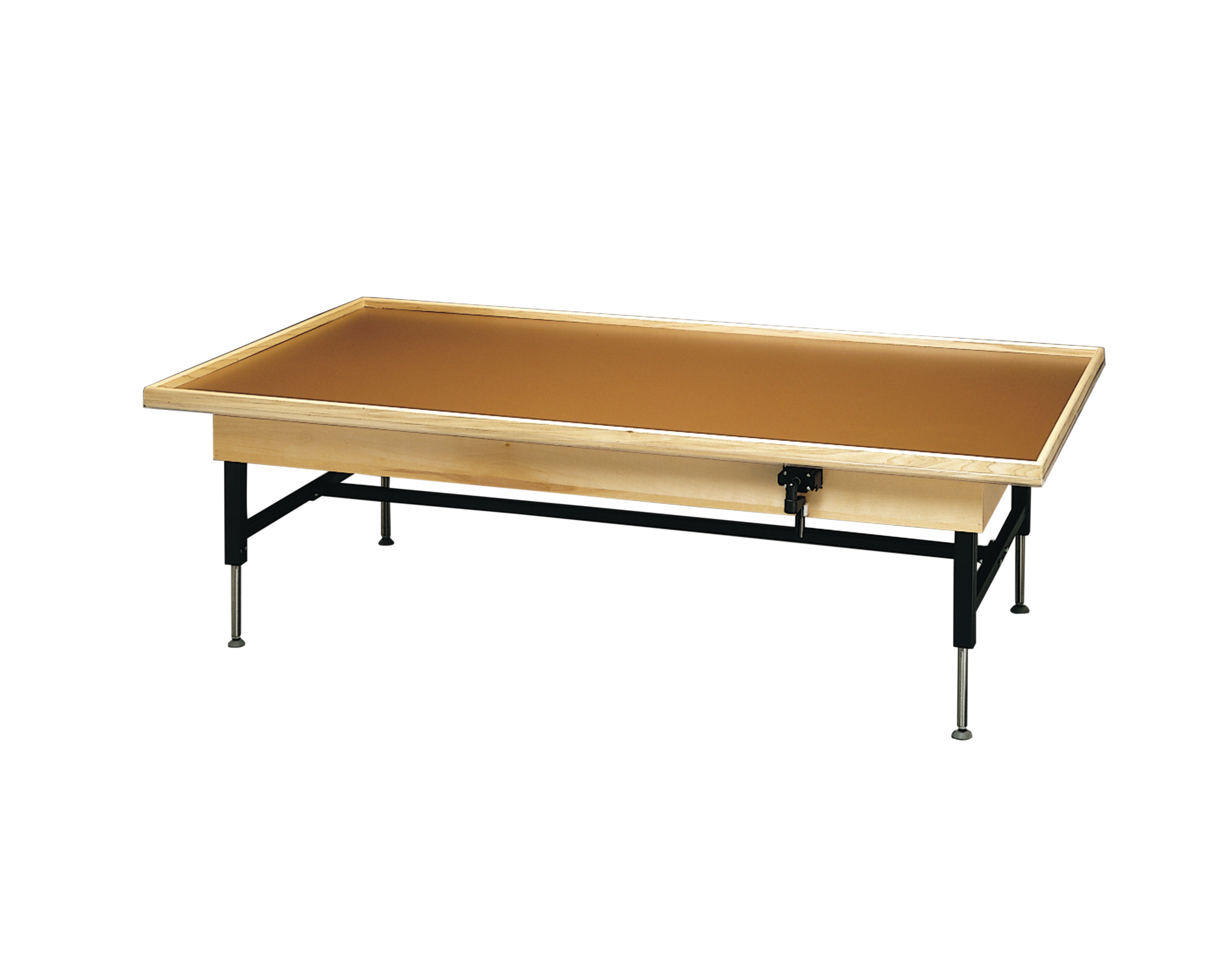wooden platform table - manual hi-low, raised-rim, 7' x 3' x (19" - 27") - Specify Color