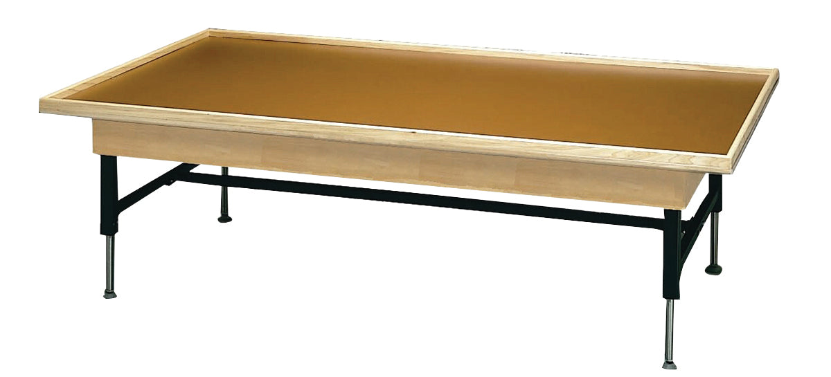 wooden platform table - economy electric hi-low, raised rim, 7' x 3' x (19" - 27") - Specify Color