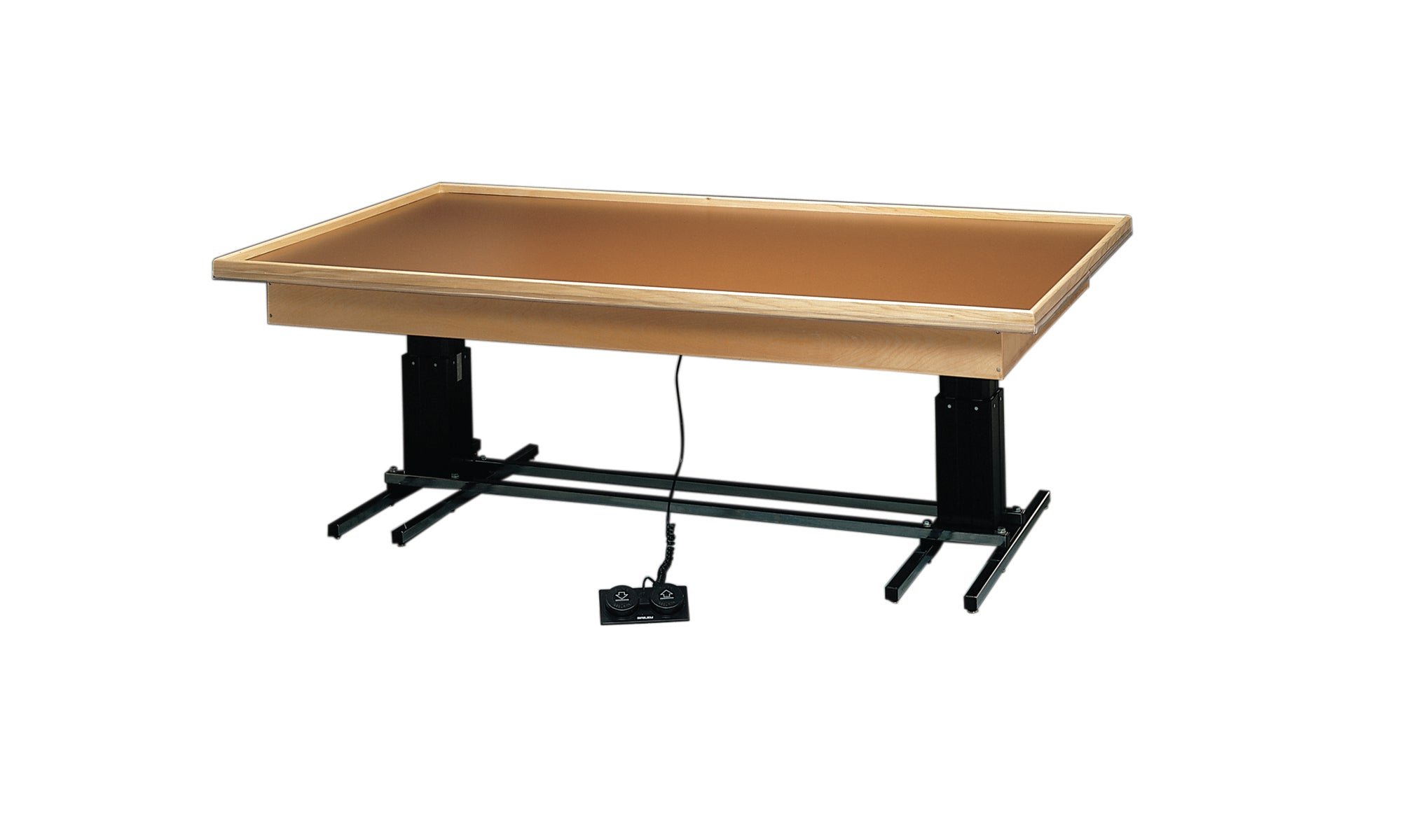 wooden platform table - deluxe electric hi-low, raised-rim,  8' x 6' x (23" - 32") - Specify Color