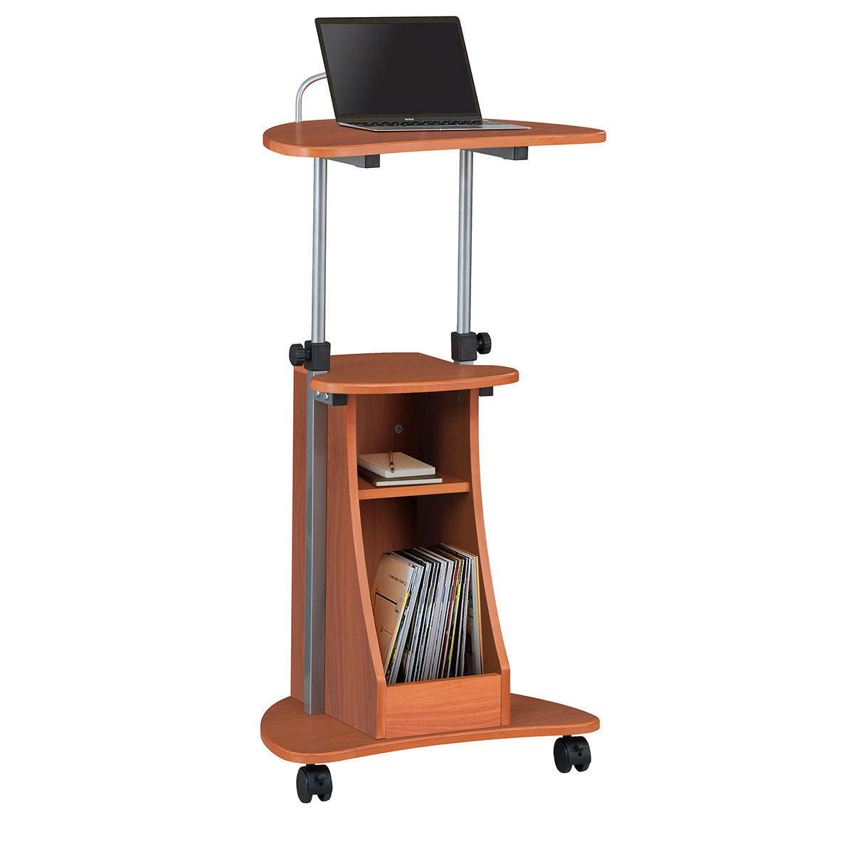 Techni Mobili Sit-to-Stand Rolling Adjustable Height Laptop Cart with Storage, Woodgrain
