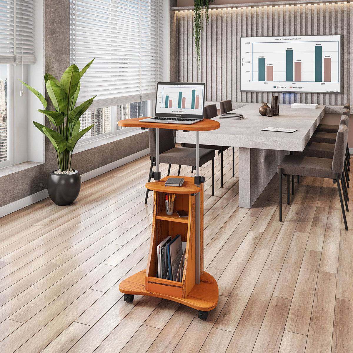 Techni Mobili Sit-to-Stand Rolling Adjustable Height Laptop Cart with Storage, Woodgrain