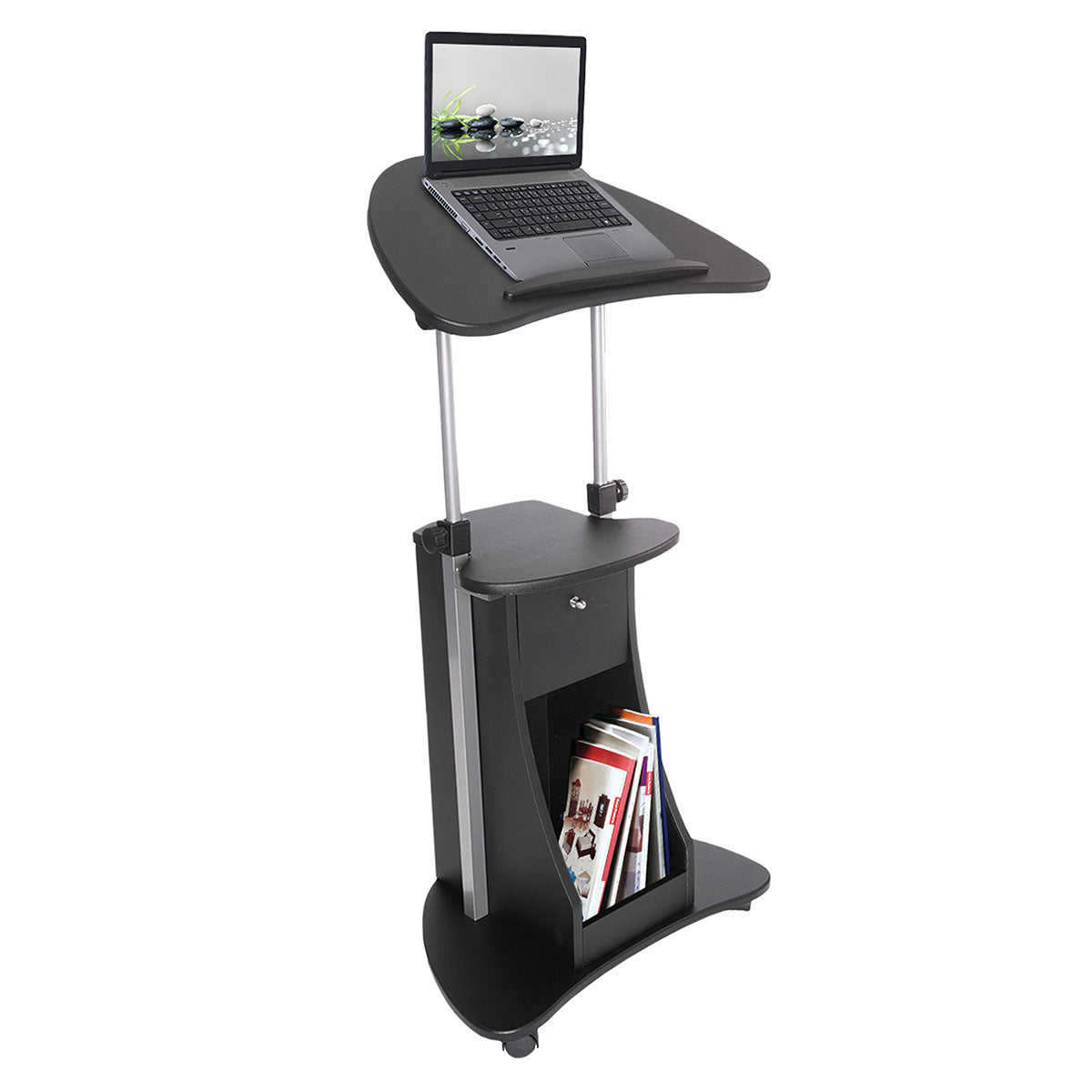 Techni Mobili Sit-to-Stand Rolling Adjustable Laptop Cart with Storage, Black