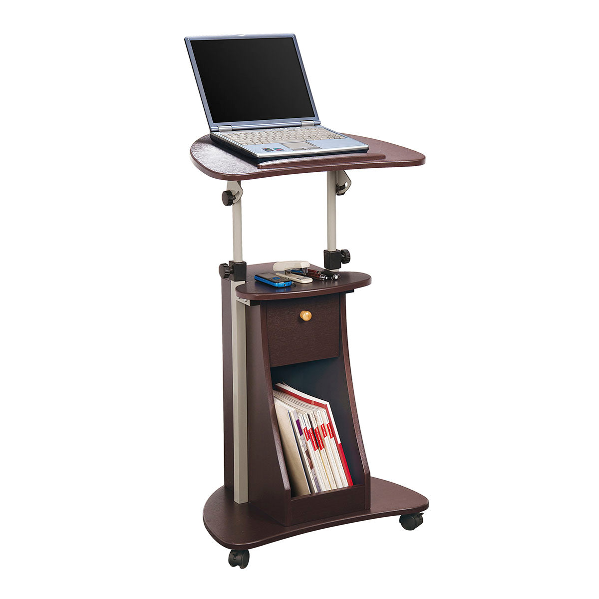Techni Mobili Sit-to-Stand Rolling Adjustable Laptop Cart with Storage, Chocolate