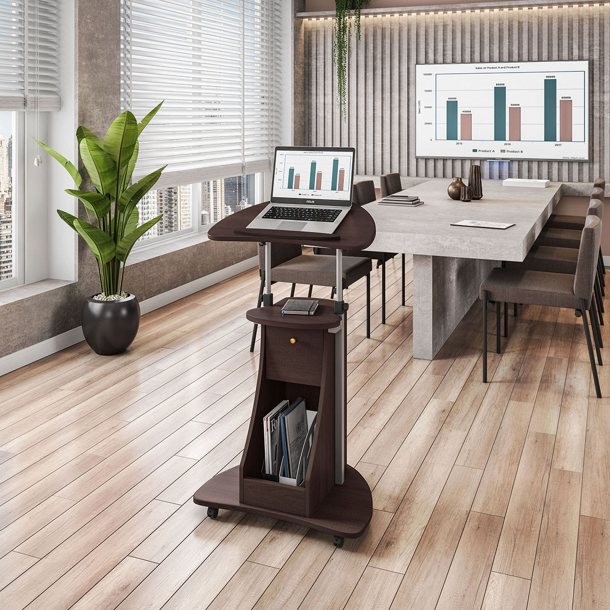 Techni Mobili Sit-to-Stand Rolling Adjustable Laptop Cart with Storage, Chocolate