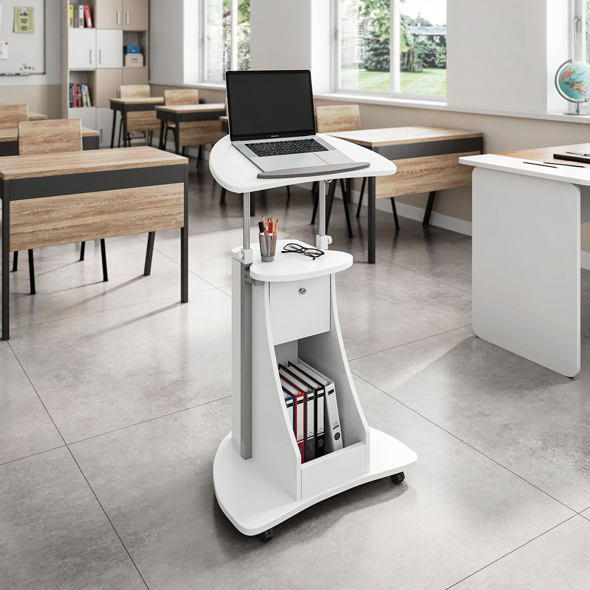 Techni Mobili Sit-to-Stand Rolling Adjustable Laptop Cart with Storage, White