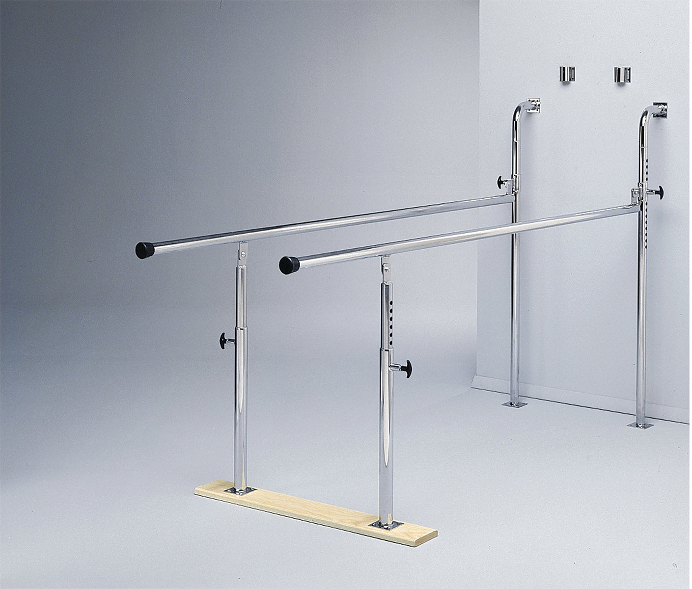 Parallel Bars, wall-mounted, wood base, folding, height adjustable, 7' L x 22.5" W x 28" - 42" H