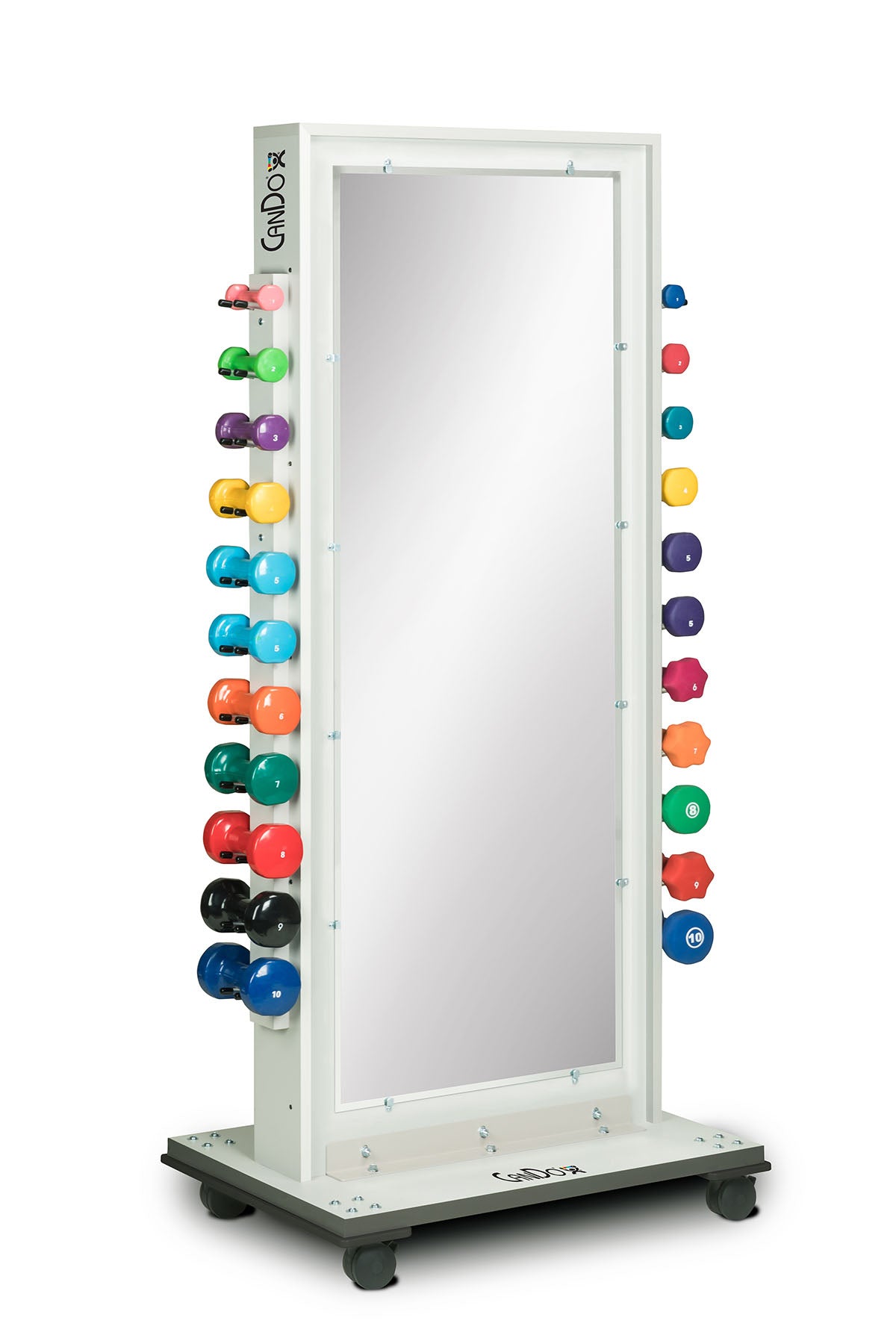 CanDo Mobile Weight Rack and Mirror with Accessories (Cuff Weights, 50yd Band Set, Dumbbells)