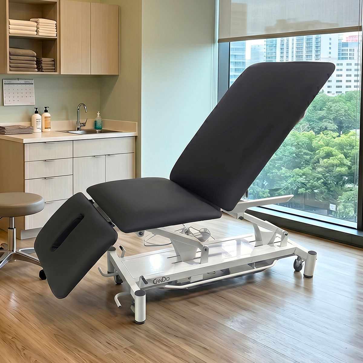 CanDo Hi-Lo Treatment Table, 3-Sec, Black Vinyl Top, White, Nose Hole Cut Out, 78"L x 30"W