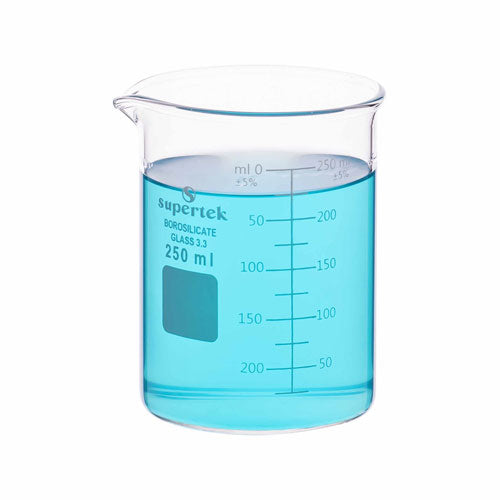 Beaker, Borosilicate Glass, Low Form, Dual Capacity Scale (ASTM E-960)  250ml, Pk/10
