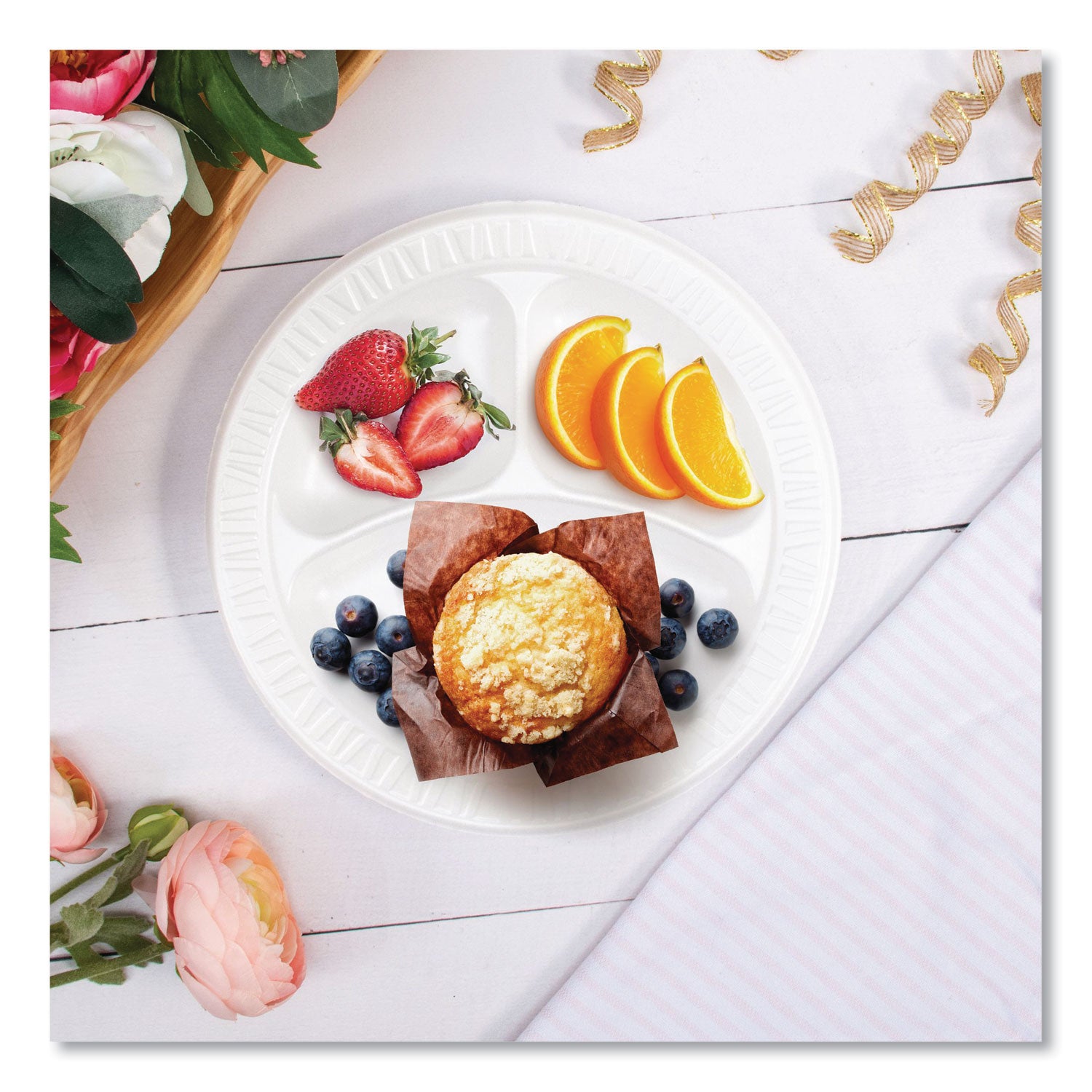 Quiet Classic Laminated Foam Plates, 3-Compartment Plate, 9" dia, White, 125/Pack, 4 Packs/Carton