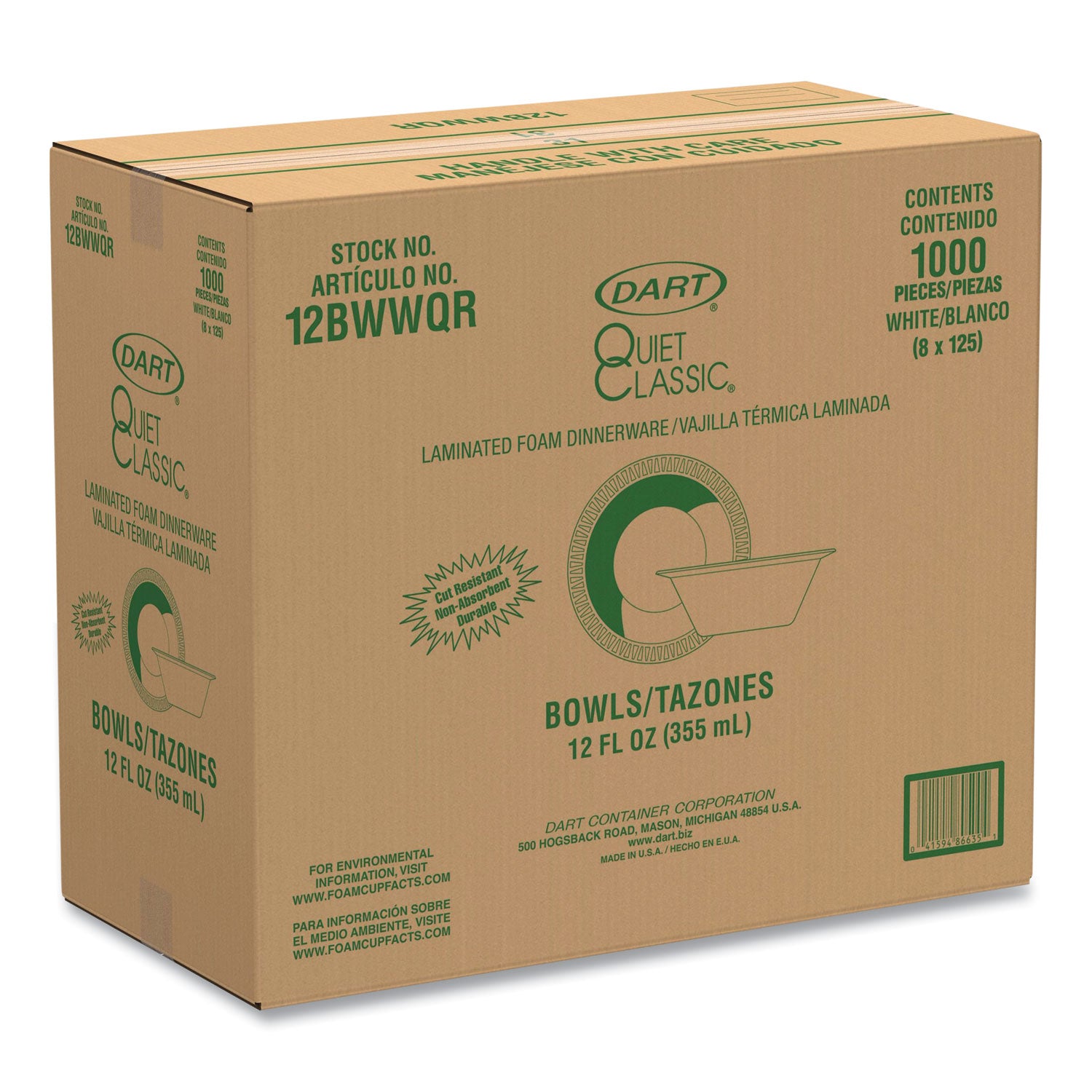 Dart Quiet Classic 12 oz Laminated Foam Bowls - Plastic, Foam Body - 125 / Pack