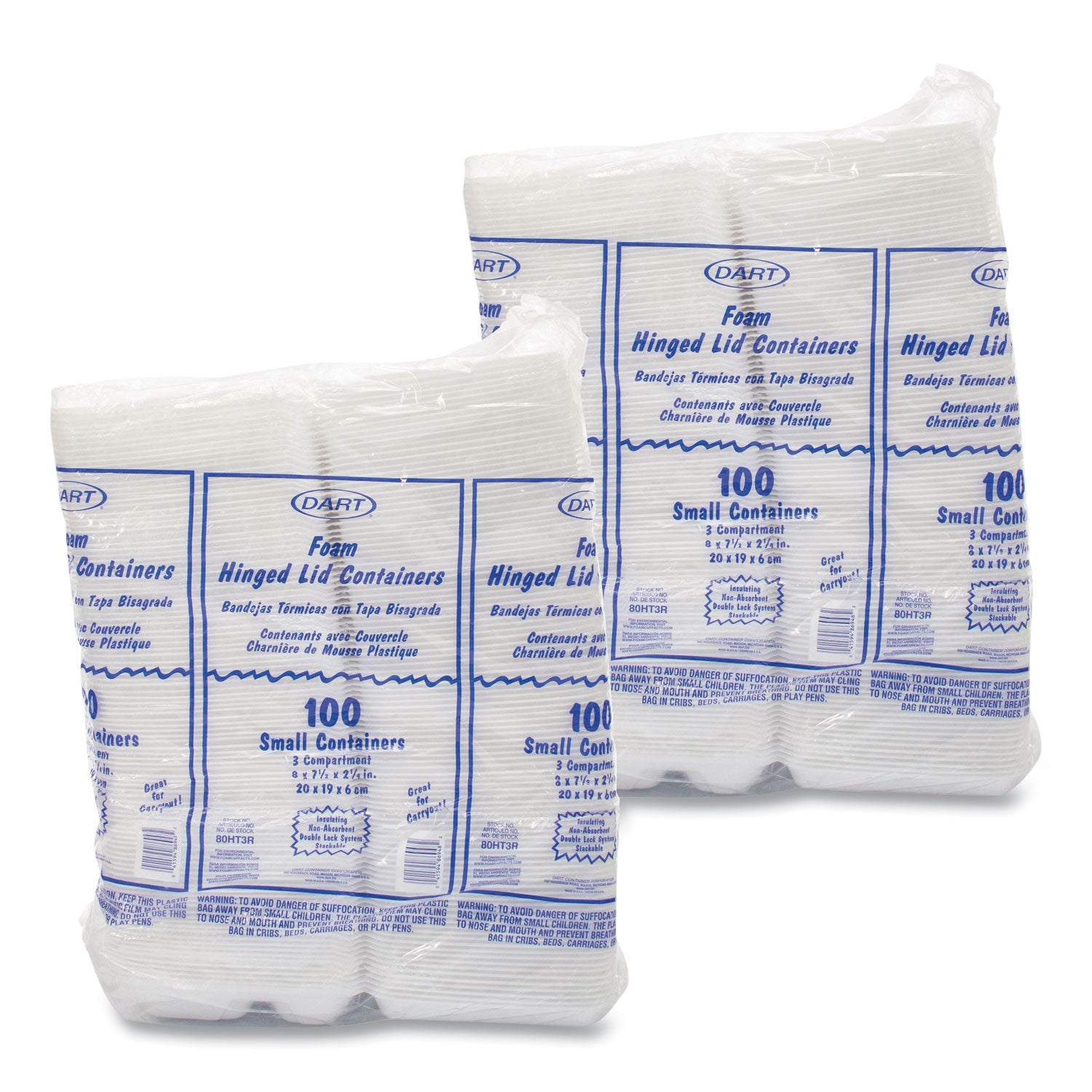 External Dimensions: 8" Length x 7.5" Width x 2.3" Height - Stackable - Extruded Polystyrene - White - For Transportation, Food Storage - 2 / Carton